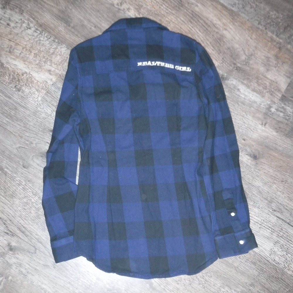 Realtree‎ Girl Plaid Western Pearl Shirt Snap Button Front Blue Black Medium - Picture 4 of 4